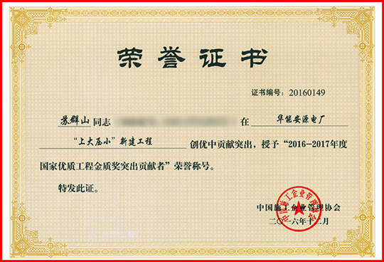 “2016-2017年度國家優(yōu)質(zhì)工程金質(zhì)獎突出貢獻者”榮譽(yù)證書(shū)